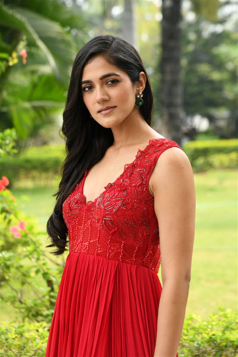 Telugu Actress Simran Choudhary in Red Dress at Atharva Movie Press Meet